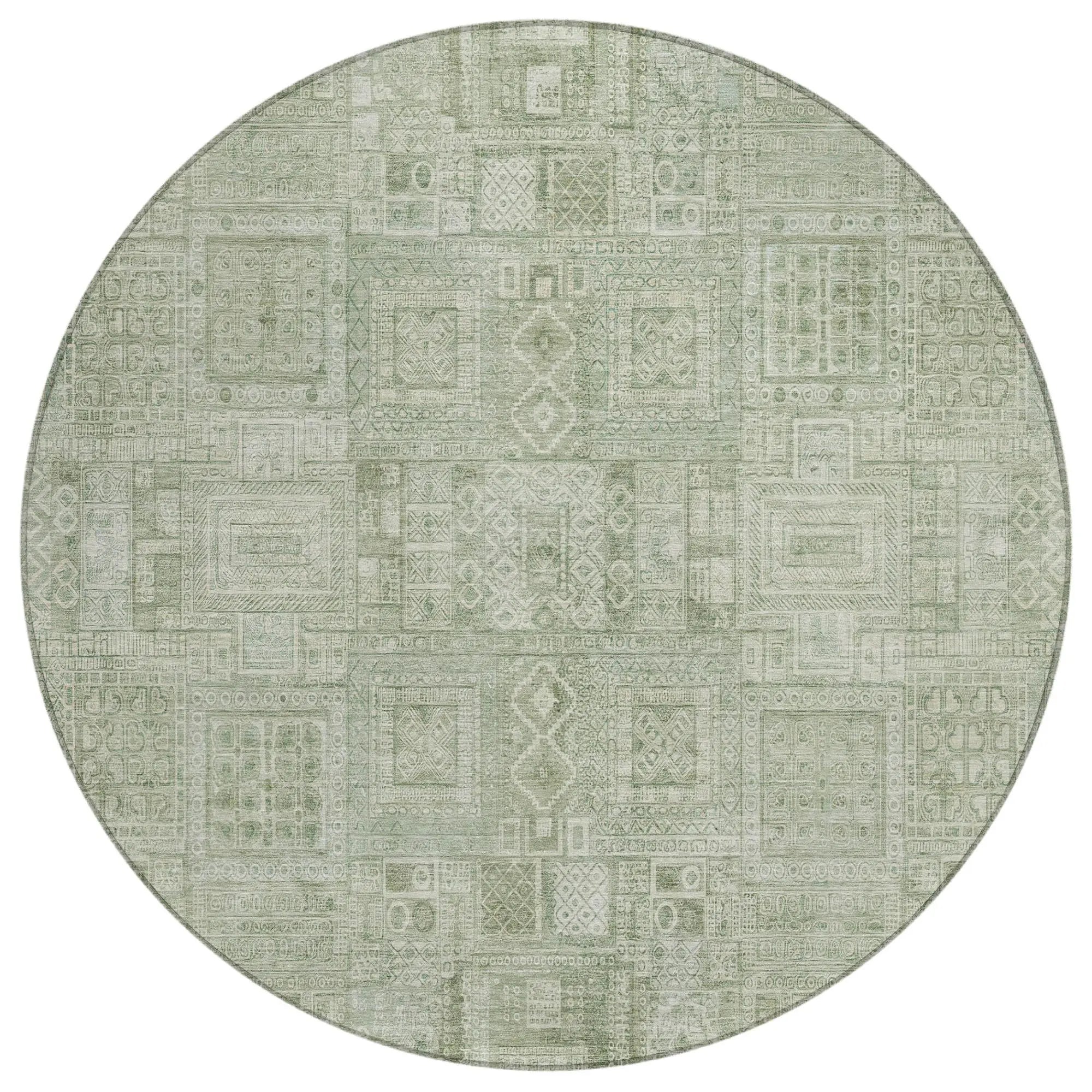 8' Green And Beige Round Oriental Washable Indoor Outdoor Area Rug Homeroots Outdoor