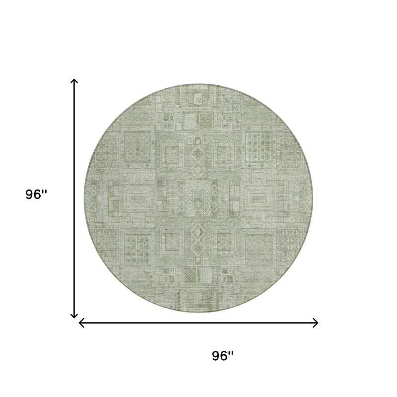 8' Green And Beige Round Oriental Washable Indoor Outdoor Area Rug Homeroots Outdoor