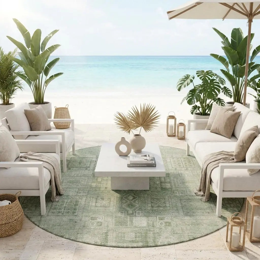 8' Green And Beige Round Oriental Washable Indoor Outdoor Area Rug Homeroots Outdoor