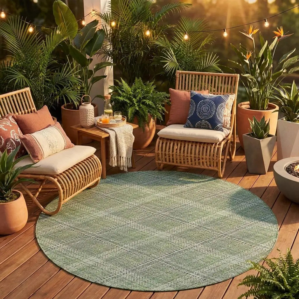 8' Green And Beige Round Plaid Washable Indoor Outdoor Area Rug Homeroots Outdoor