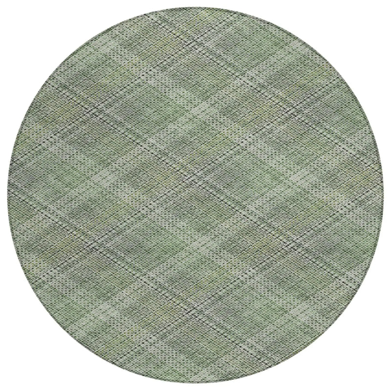 8' Green And Beige Round Plaid Washable Indoor Outdoor Area Rug Homeroots Outdoor