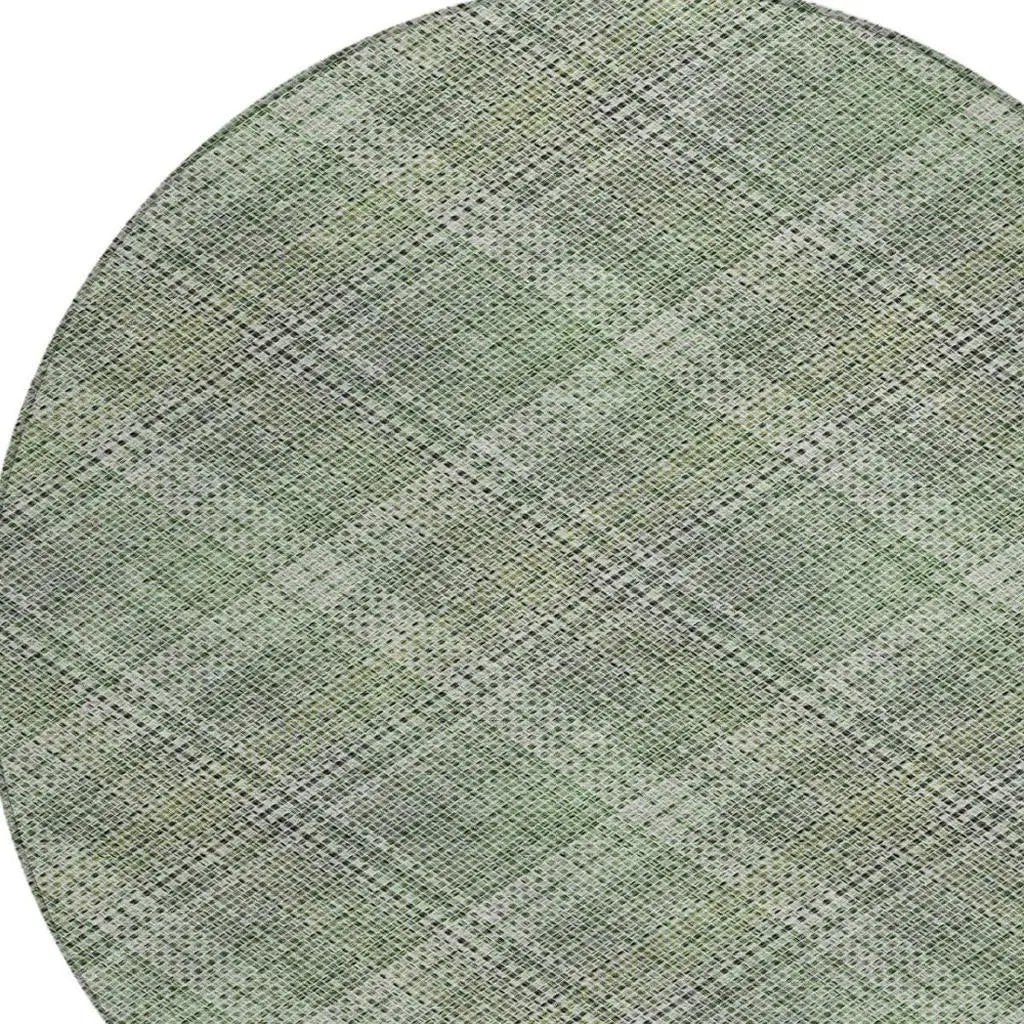 8' Green And Beige Round Plaid Washable Indoor Outdoor Area Rug Homeroots Outdoor