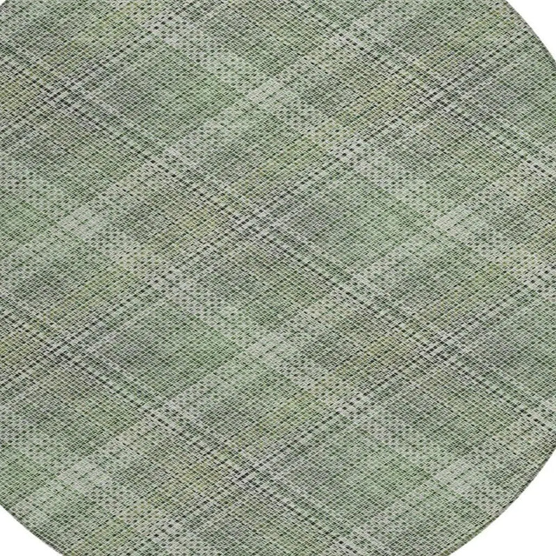 8' Green And Beige Round Plaid Washable Indoor Outdoor Area Rug Homeroots Outdoor