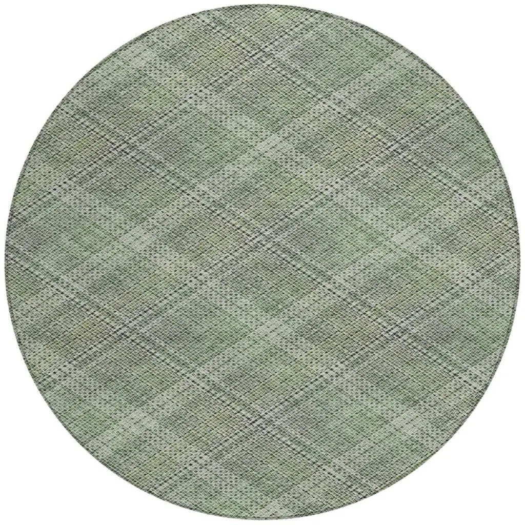 8' Green And Beige Round Plaid Washable Indoor Outdoor Area Rug Homeroots Outdoor