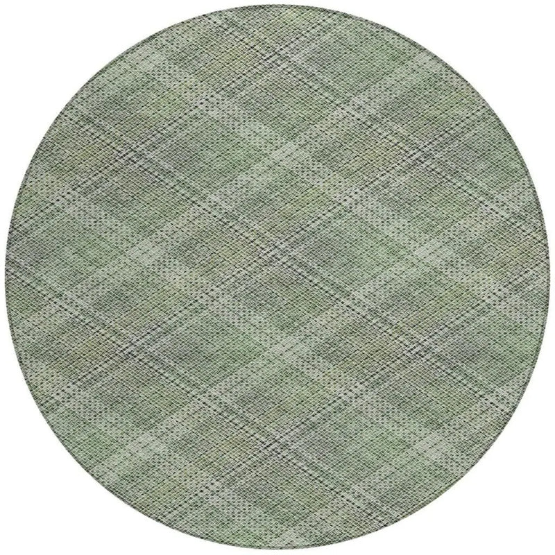 8' Green And Beige Round Plaid Washable Indoor Outdoor Area Rug Homeroots Outdoor