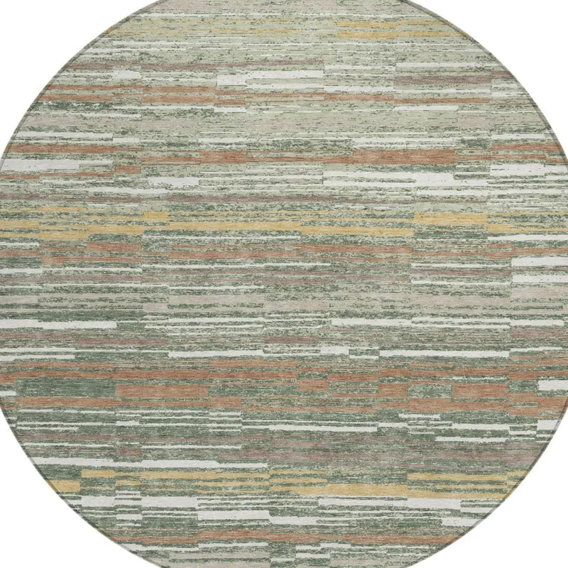 8' Green And Beige Round Striped Washable Indoor Outdoor Area Rug Homeroots Outdoor