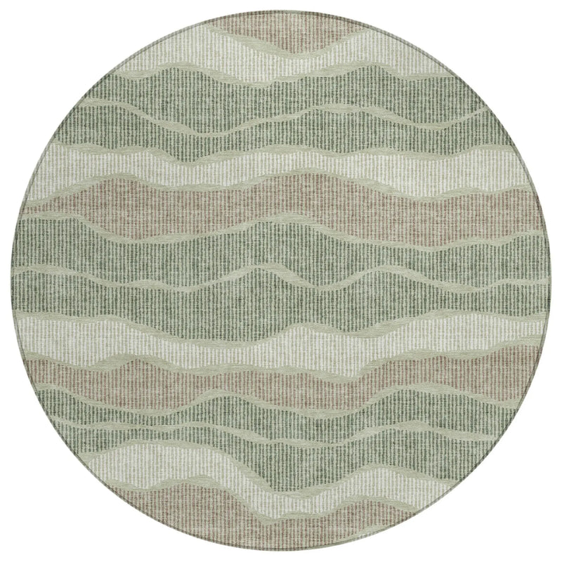 8' Green And Beige Round Striped Washable Indoor Outdoor Area Rug Homeroots Outdoor