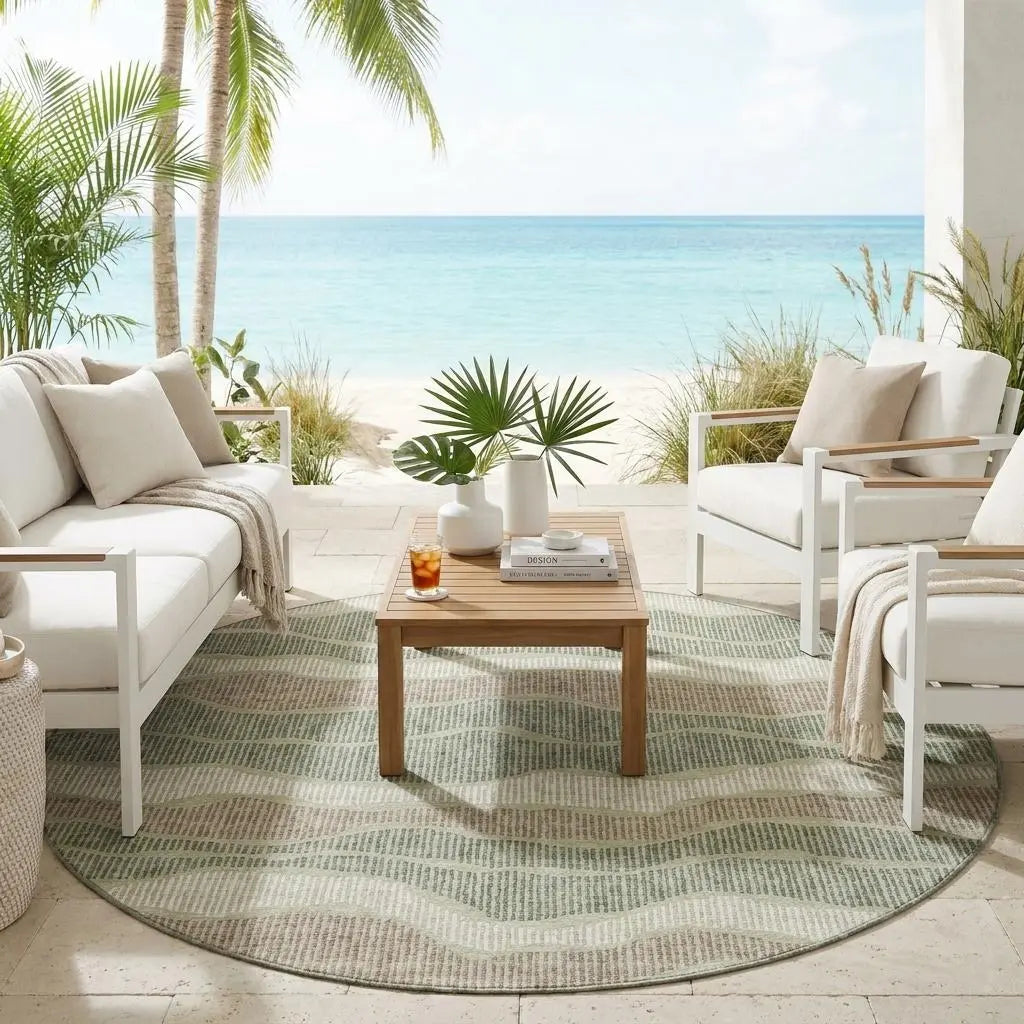 8' Green And Beige Round Striped Washable Indoor Outdoor Area Rug Homeroots Outdoor