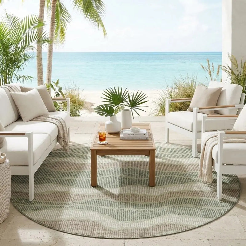 8' Green And Beige Round Striped Washable Indoor Outdoor Area Rug Homeroots Outdoor