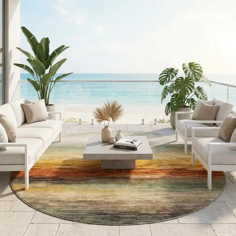 8' Green And Beige Round Striped Washable Indoor Outdoor Area Rug Homeroots Outdoor