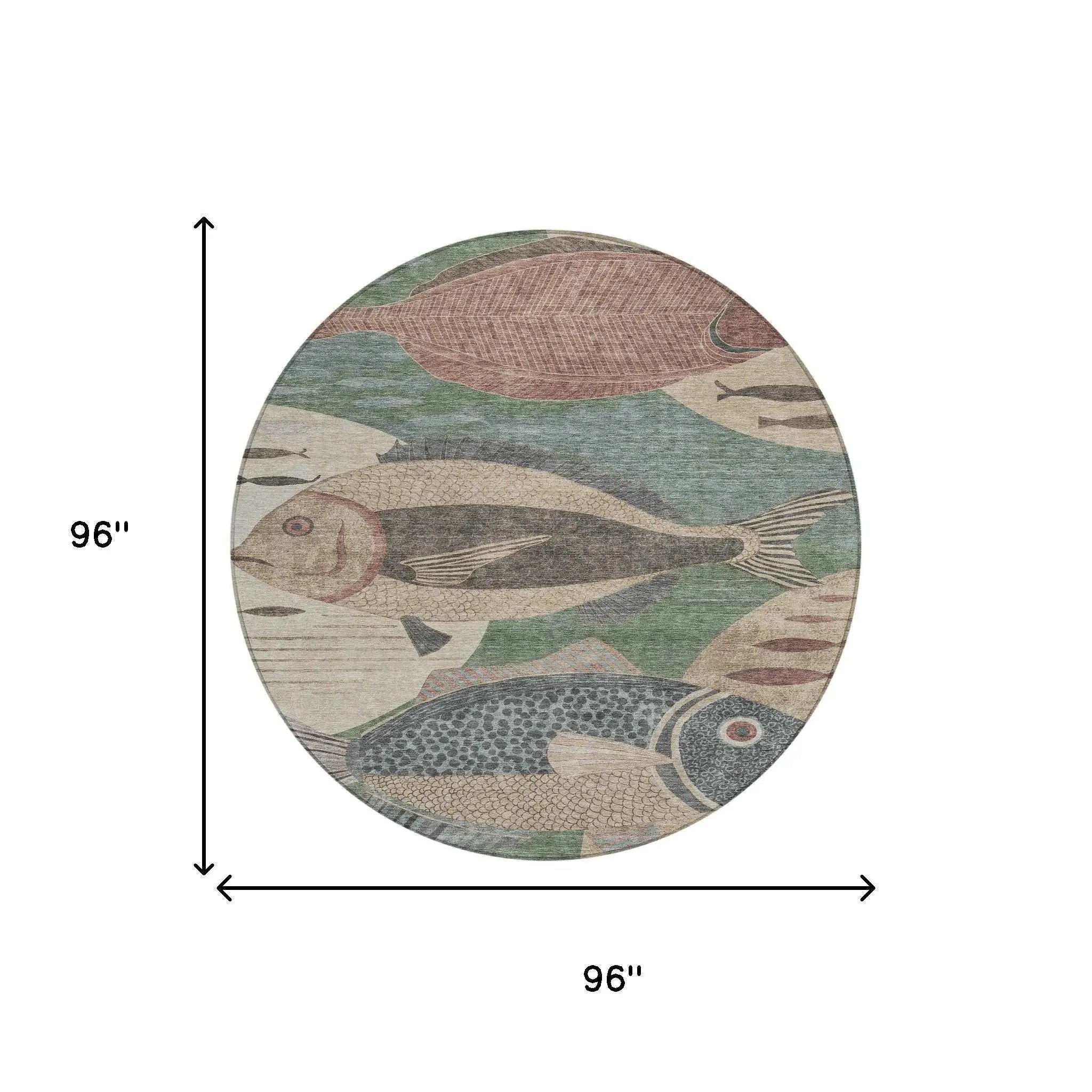 8' Green And Beige Round Tropical Fish Washable Indoor Outdoor Area Rug Homeroots Outdoor