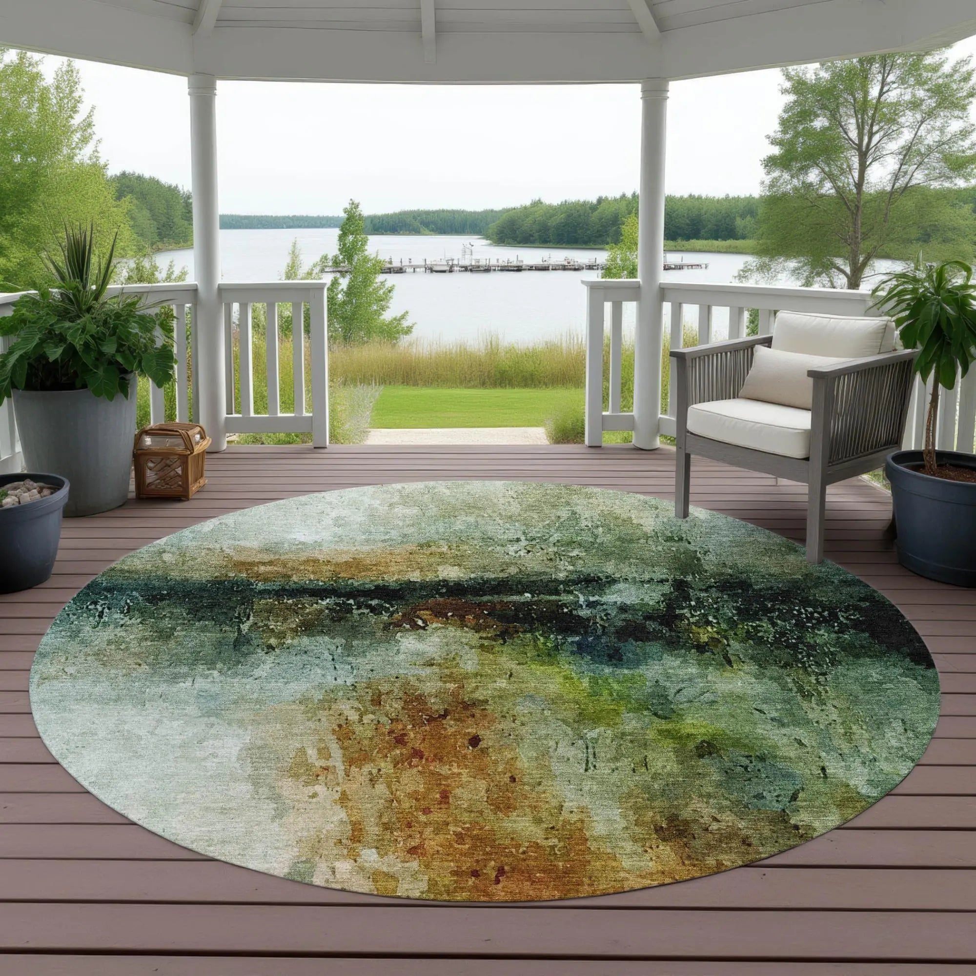 8' Green And Black Round Abstract Washable Indoor Outdoor Area Rug Homeroots Outdoor