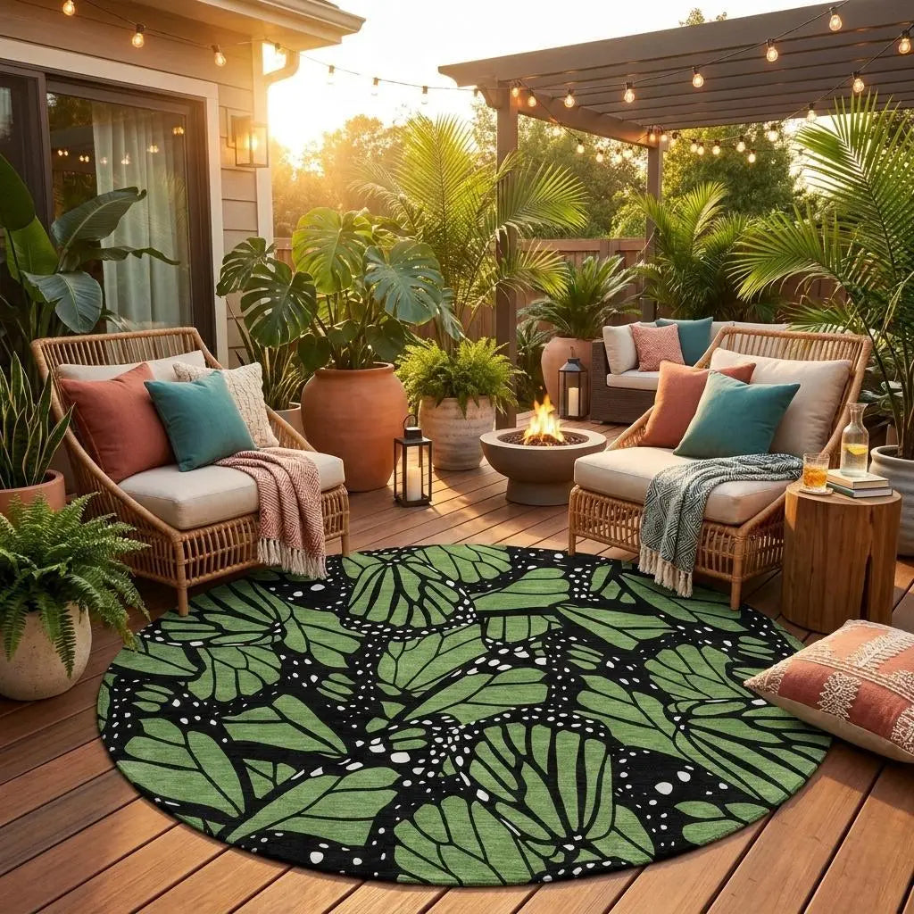 8' Green And Black Round Animal Print Washable Indoor Outdoor Area Rug Homeroots Outdoor