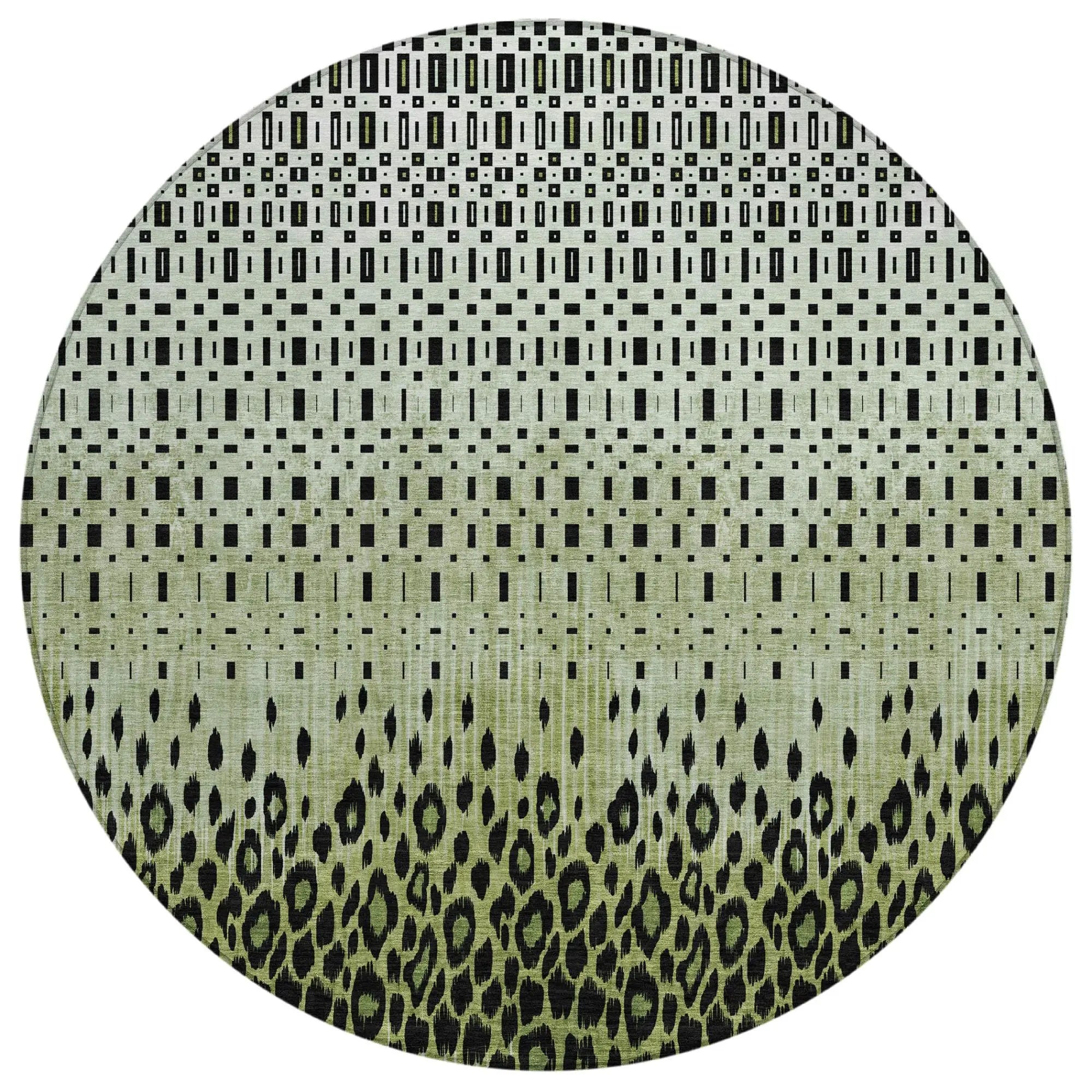 Green and black patterned round rug, featuring geometric and leopard print designs, made of durable synthetic fibers.
