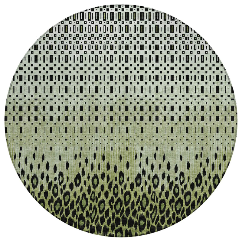 Green and black patterned round rug, featuring geometric and leopard print designs, made of durable synthetic fibers.