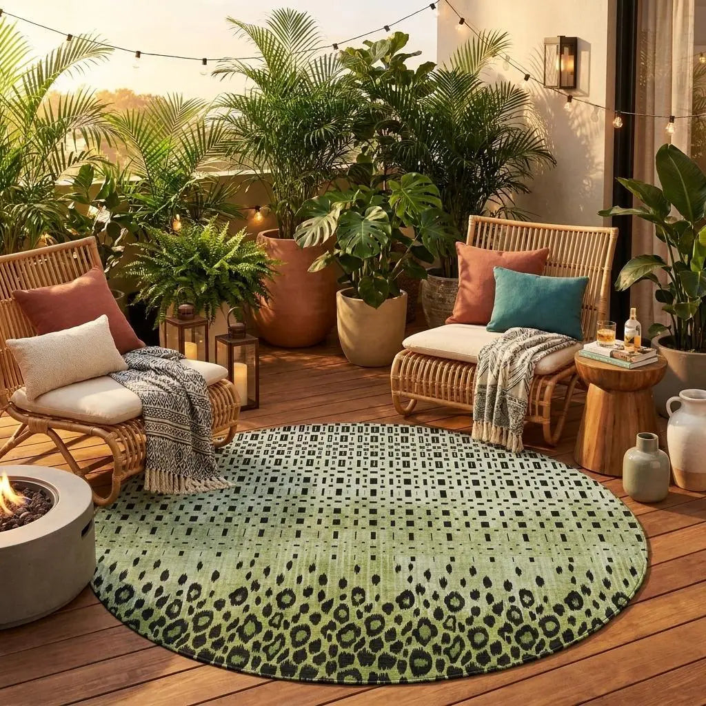 Round green and black leopard-print rug, made of soft fiber, perfect for outdoor patio settings with rattan chairs and plants.