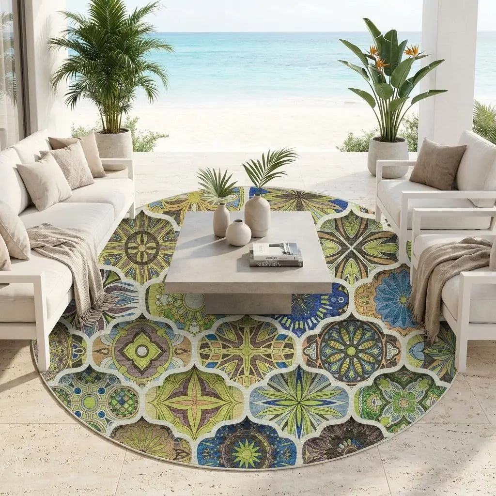 8' Green And Blue Round Ogee Washable Indoor Outdoor Area Rug Homeroots Outdoor