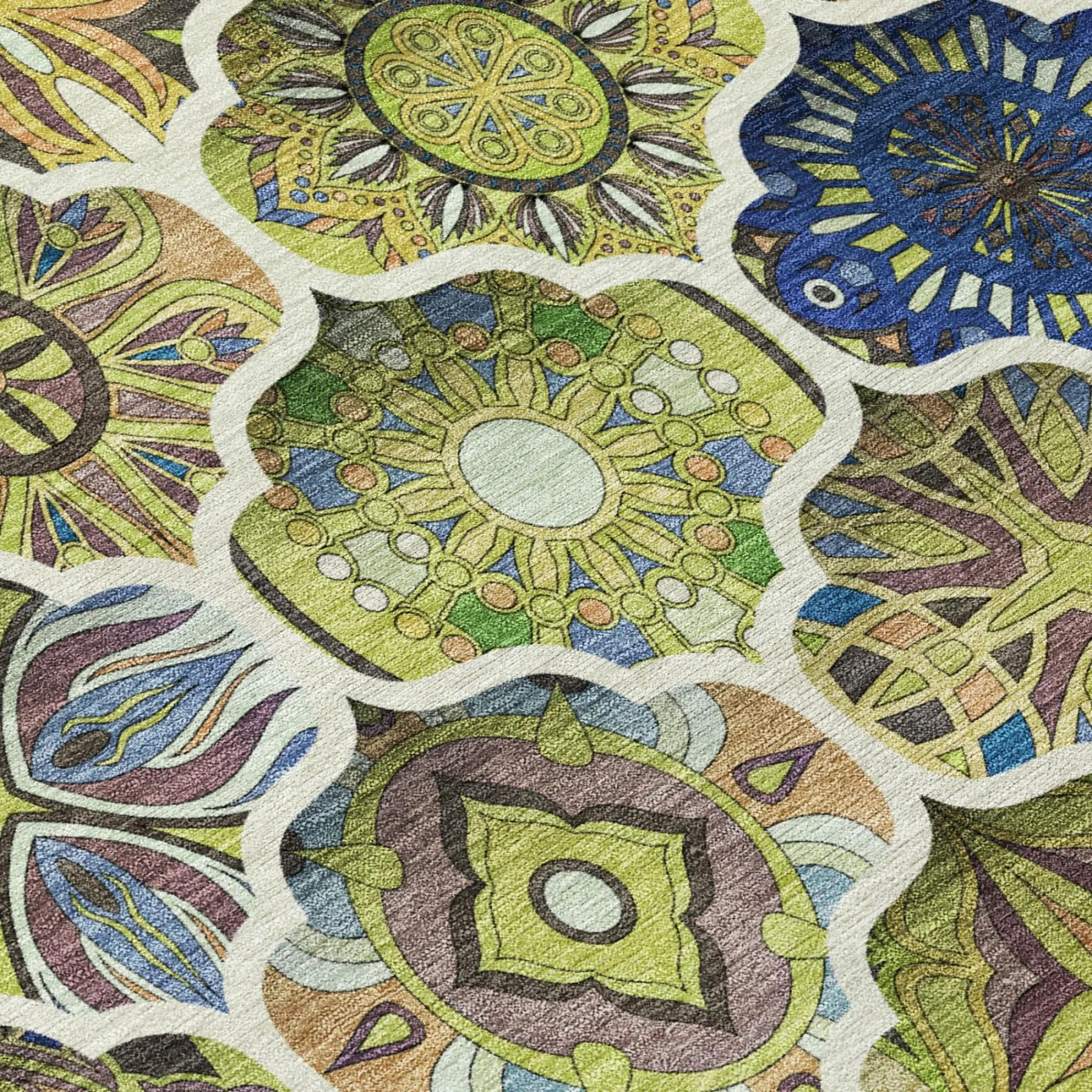 8' Green And Blue Round Ogee Washable Indoor Outdoor Area Rug Homeroots Outdoor