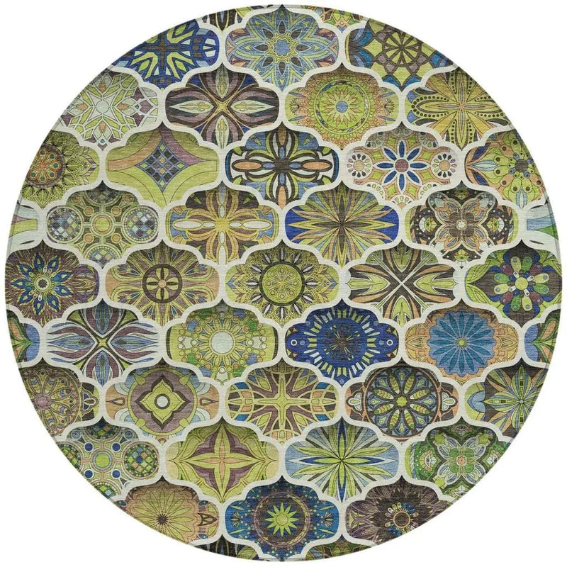 8' Green And Blue Round Ogee Washable Indoor Outdoor Area Rug Homeroots Outdoor