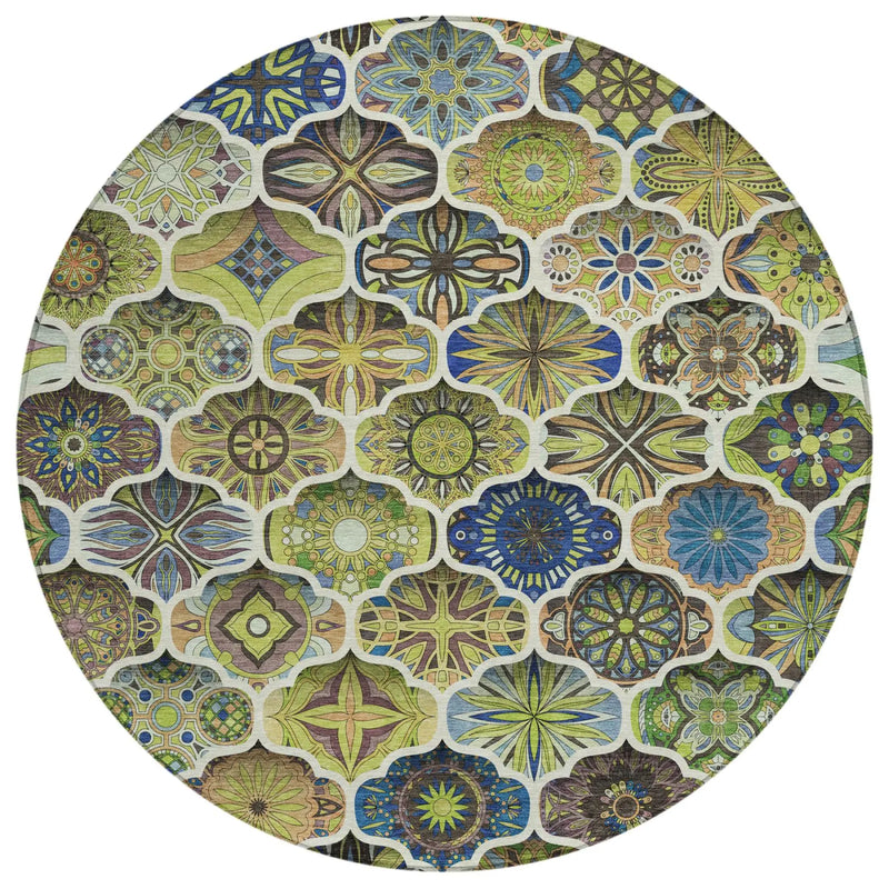 8' Green And Blue Round Ogee Washable Indoor Outdoor Area Rug Homeroots Outdoor