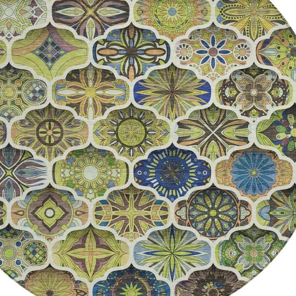 8' Green And Blue Round Ogee Washable Indoor Outdoor Area Rug Homeroots Outdoor
