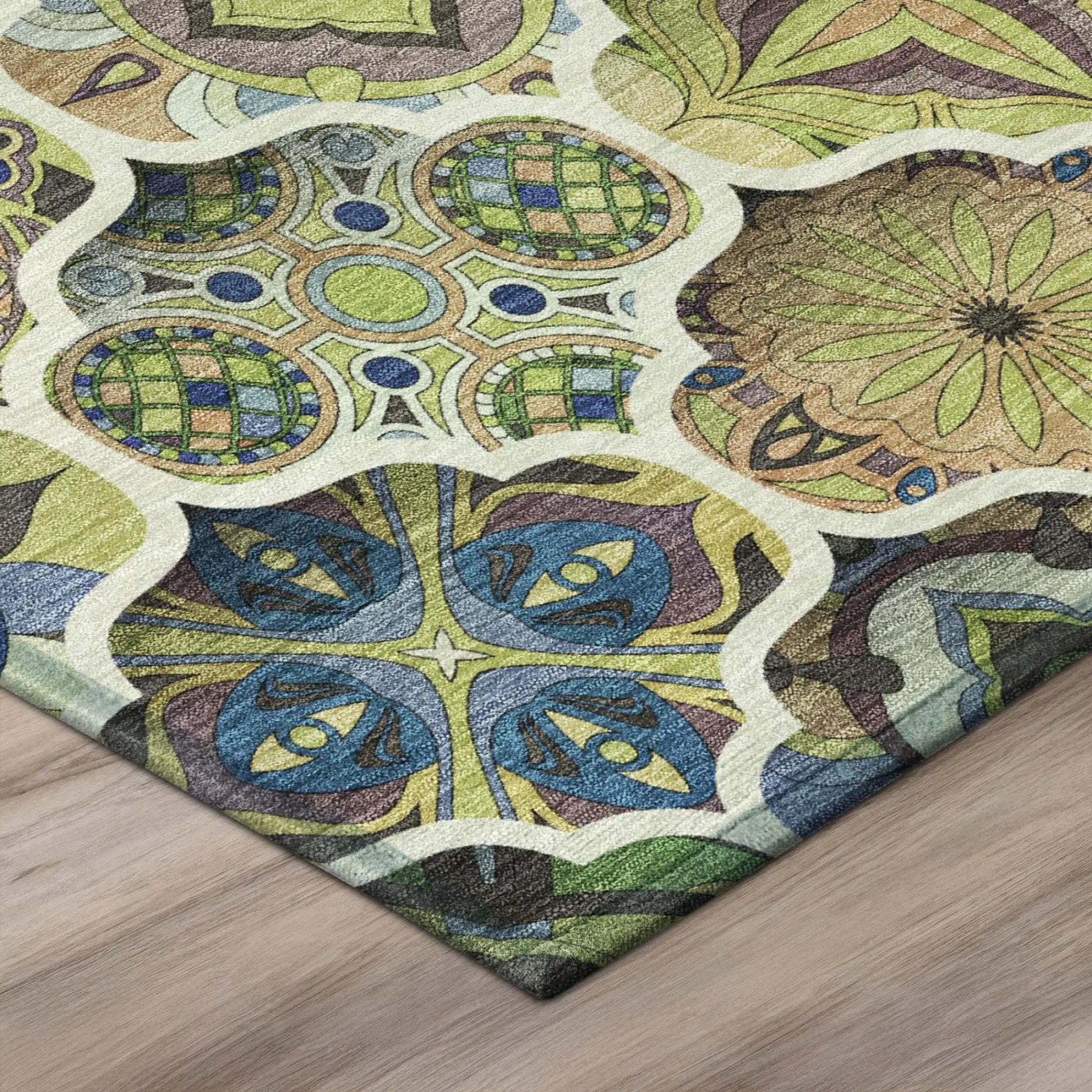 8' Green And Blue Round Ogee Washable Indoor Outdoor Area Rug Homeroots Outdoor