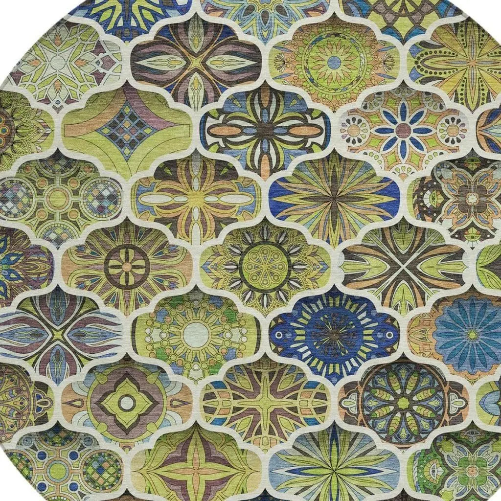 8' Green And Blue Round Ogee Washable Indoor Outdoor Area Rug Homeroots Outdoor
