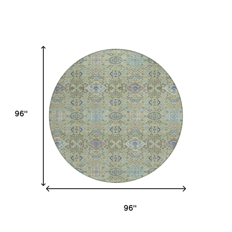8' Green And Blue Round Oriental Washable Indoor Outdoor Area Rug Homeroots Outdoor
