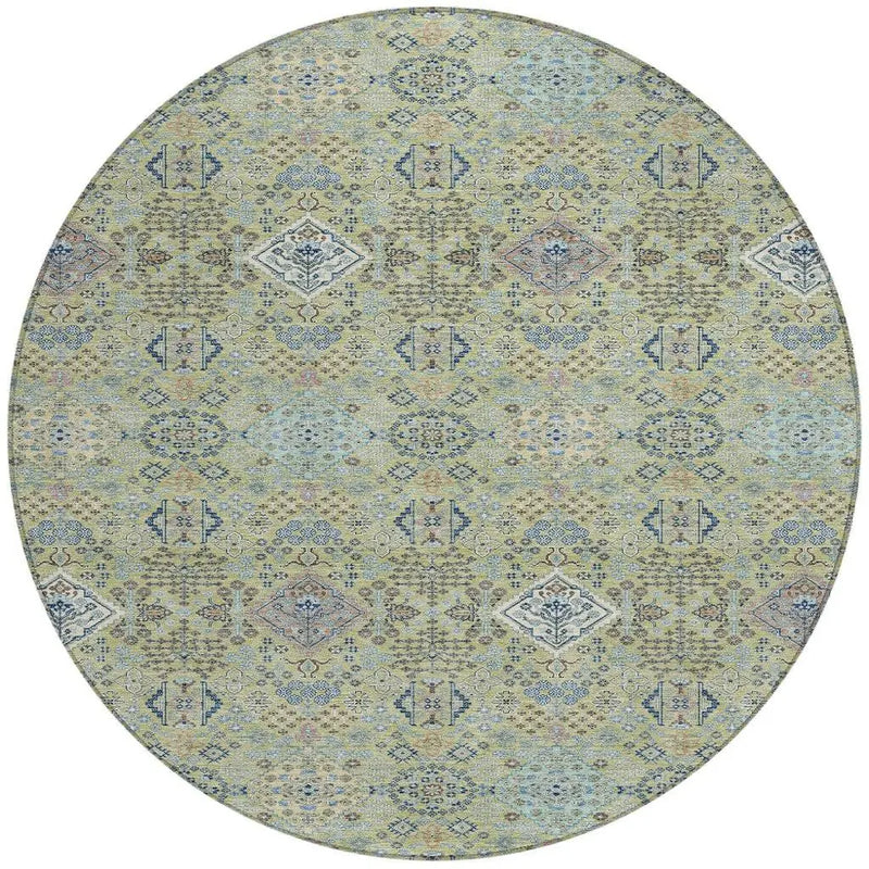 8' Green And Blue Round Oriental Washable Indoor Outdoor Area Rug Homeroots Outdoor
