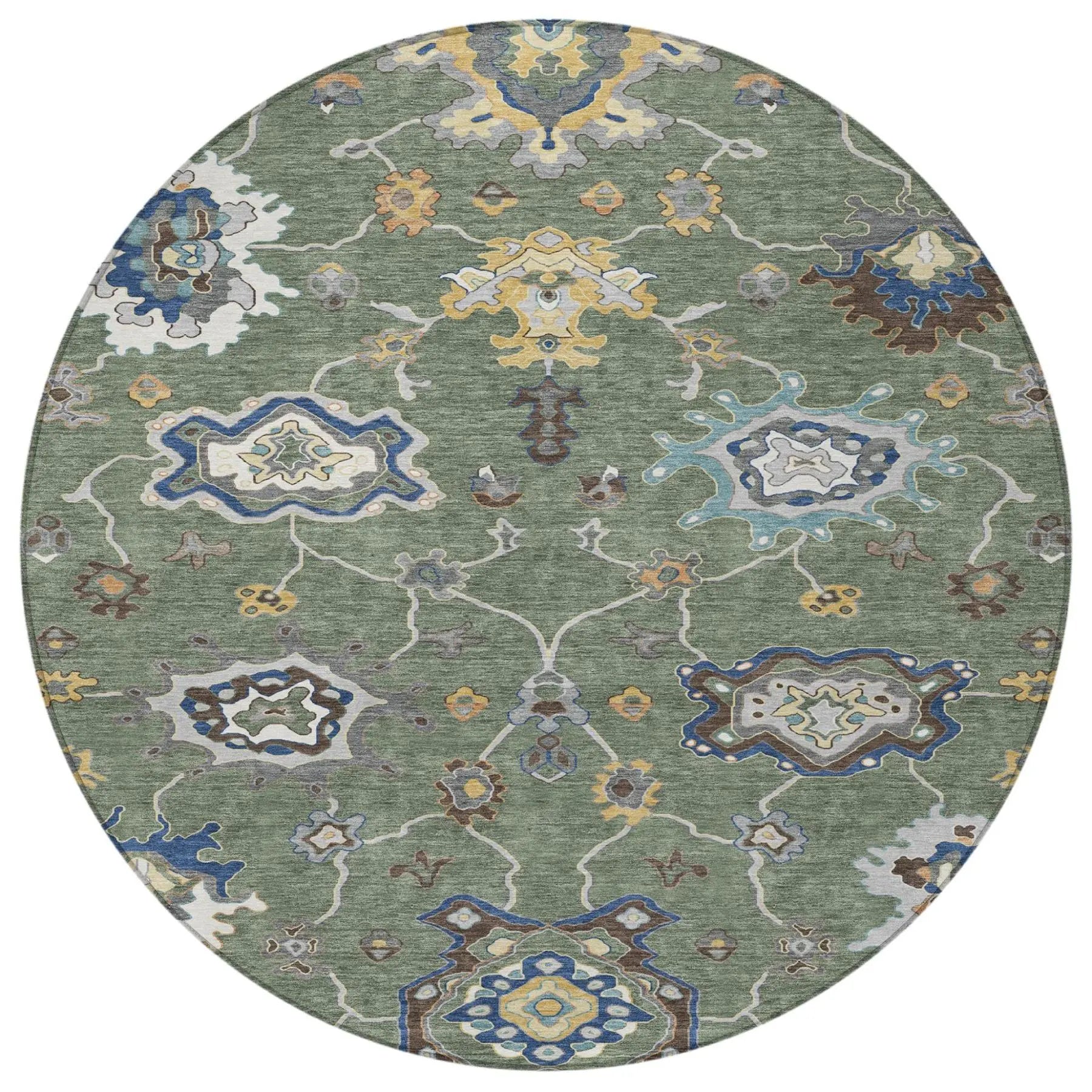 8' Green And Blue Round Oriental Washable Indoor Outdoor Area Rug Homeroots Outdoor
