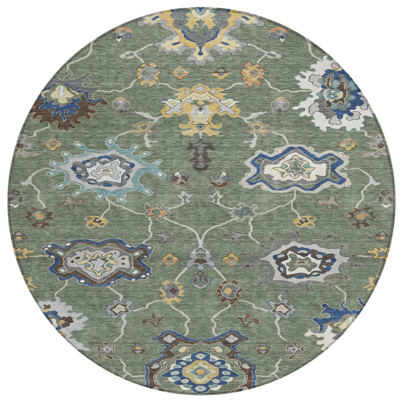 8' Green And Blue Round Oriental Washable Indoor Outdoor Area Rug Homeroots Outdoor