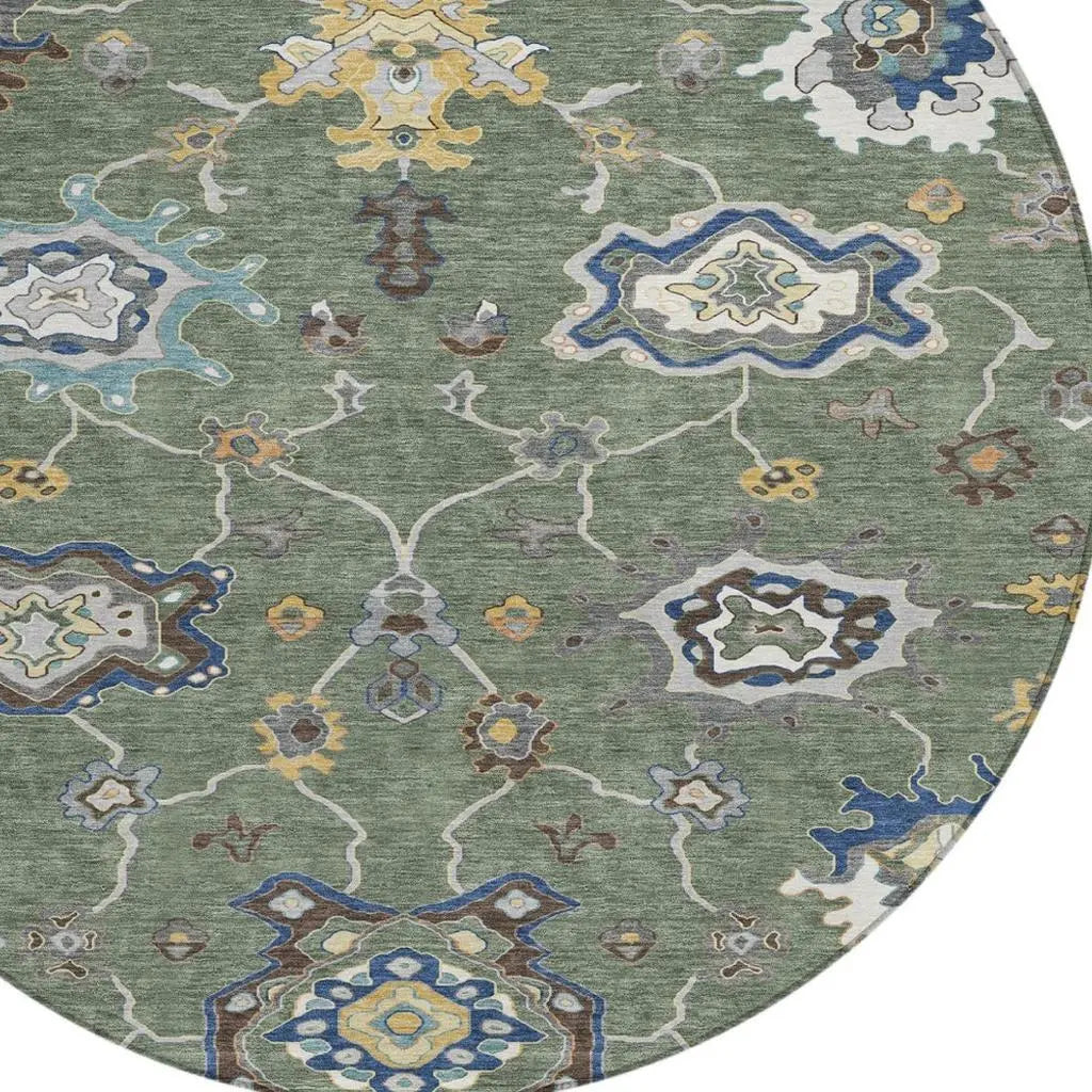 8' Green And Blue Round Oriental Washable Indoor Outdoor Area Rug Homeroots Outdoor