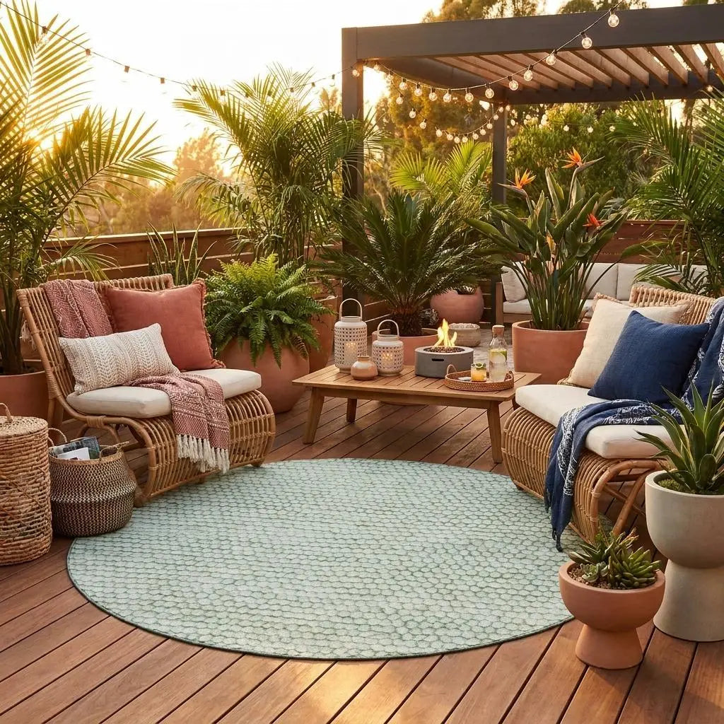 8' Green And Blue Round Striped Washable Indoor Outdoor Area Rug Homeroots Outdoor