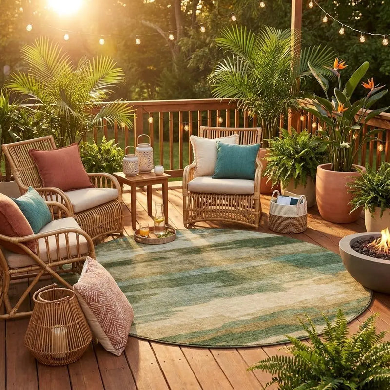 8' Green And Brown Round Abstract Washable Indoor Outdoor Area Rug Homeroots Outdoor
