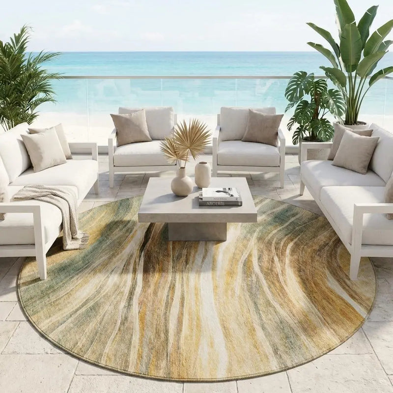 8' Green And Brown Round Abstract Washable Indoor Outdoor Area Rug Homeroots Outdoor