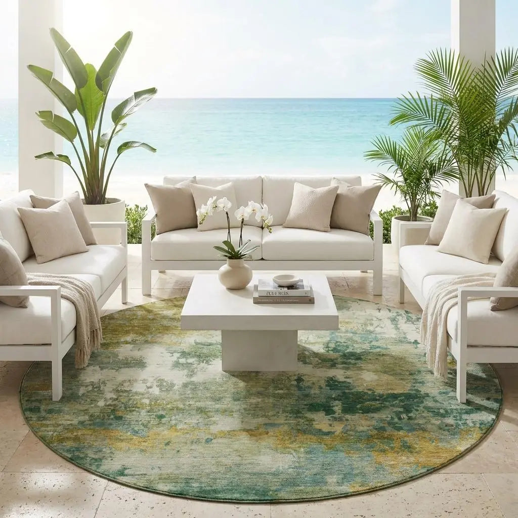 8' Green And Brown Round Abstract Washable Indoor Outdoor Area Rug Homeroots Outdoor