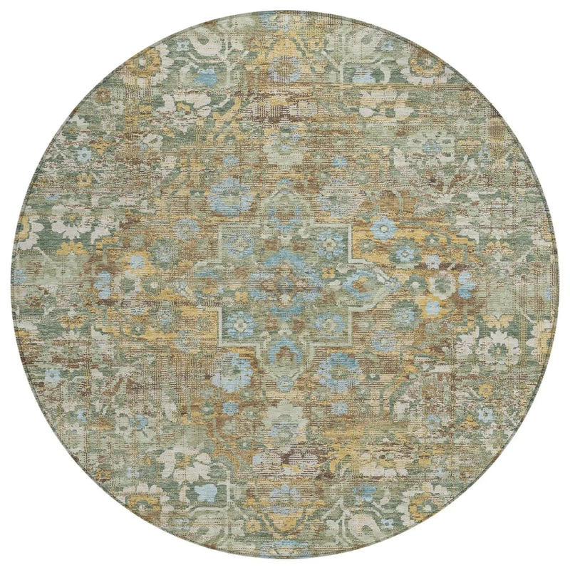 8' Green And Brown Round Floral Medallion Washable Indoor Outdoor Area Rug Homeroots Outdoor