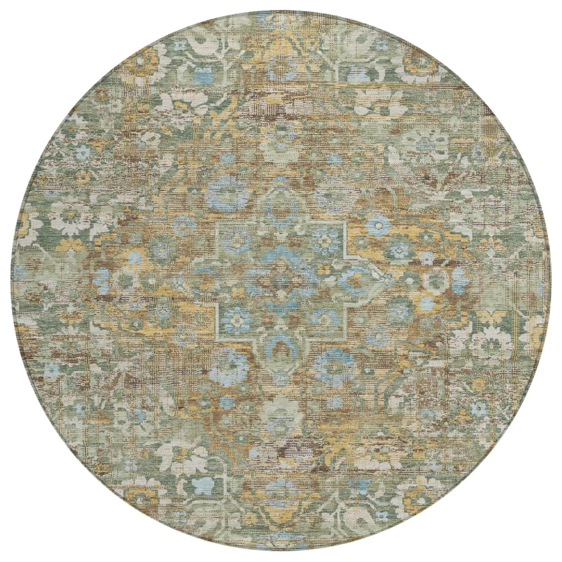8' Green And Brown Round Floral Medallion Washable Indoor Outdoor Area Rug Homeroots Outdoor