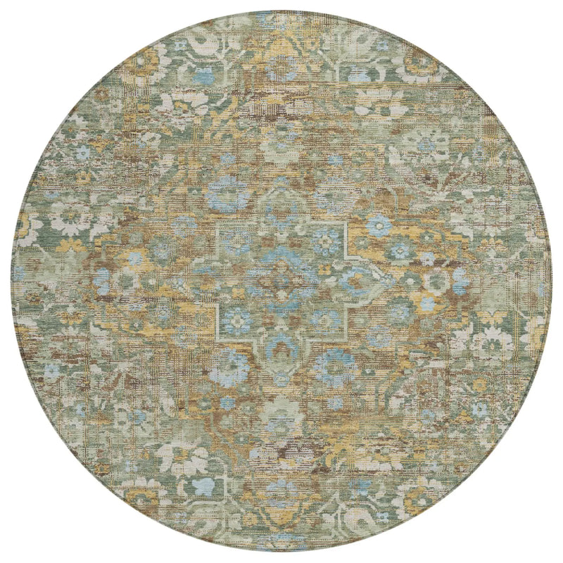 8' Green And Brown Round Floral Medallion Washable Indoor Outdoor Area Rug Homeroots Outdoor