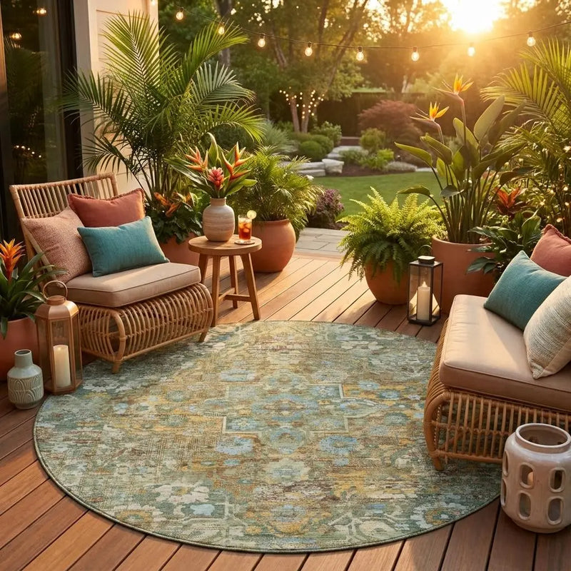 8' Green And Brown Round Floral Medallion Washable Indoor Outdoor Area Rug Homeroots Outdoor