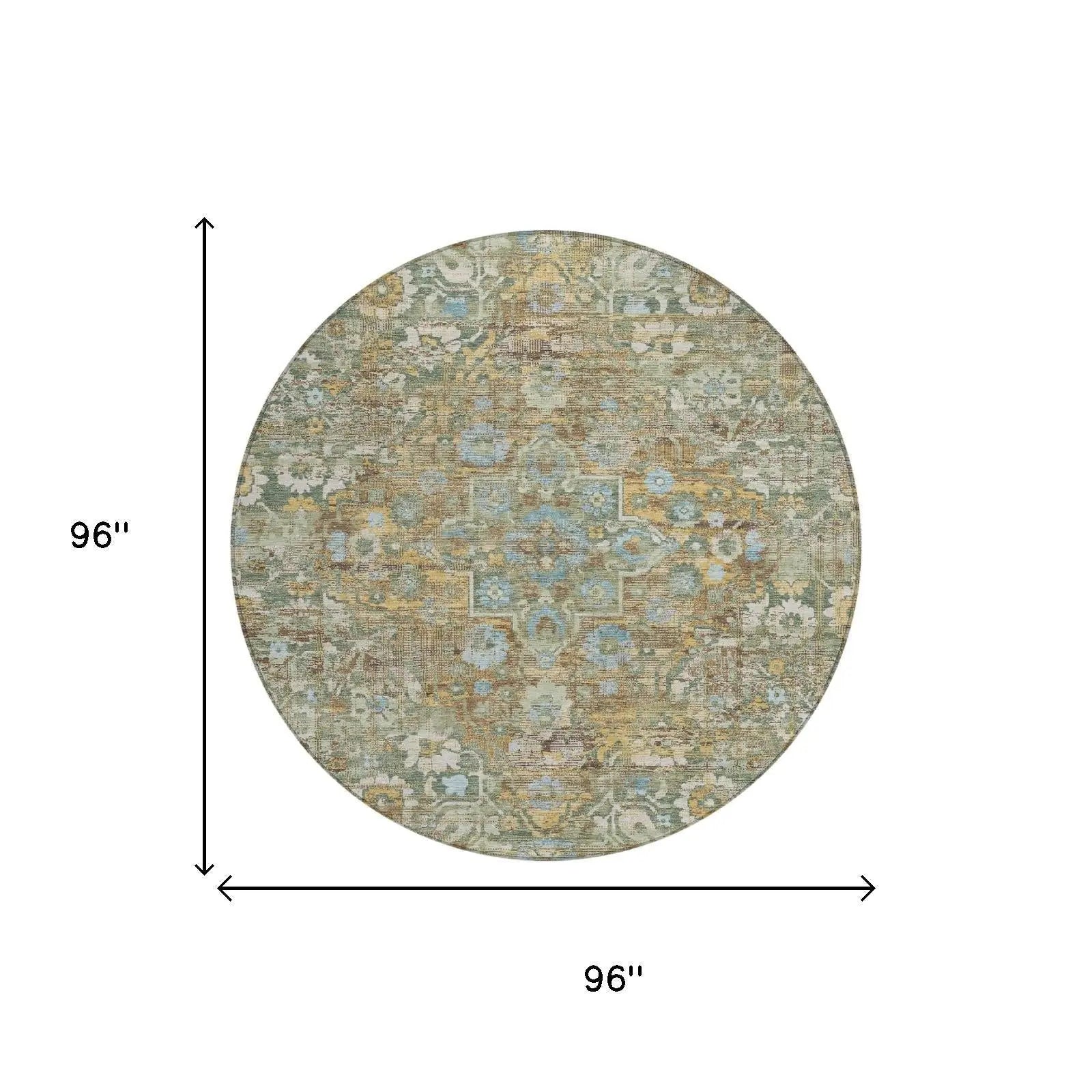 8' Green And Brown Round Floral Medallion Washable Indoor Outdoor Area Rug Homeroots Outdoor