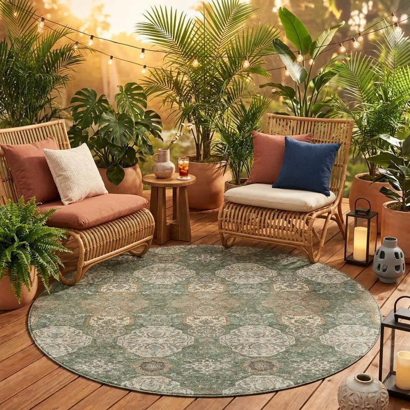 8' Green And Brown Round Floral Washable Indoor Outdoor Area Rug Homeroots Outdoor