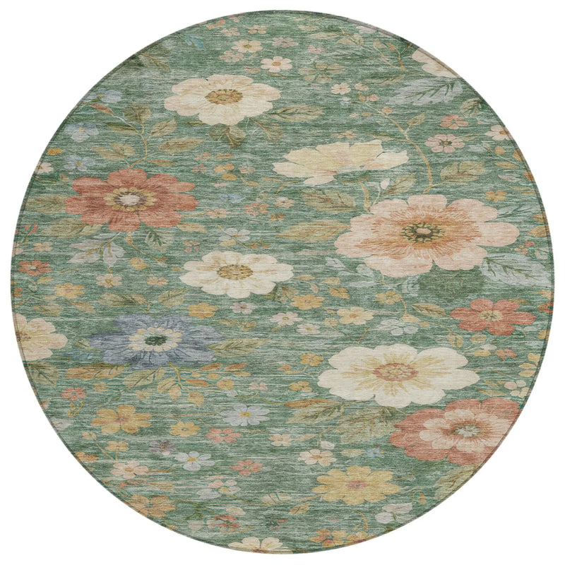 8' Green And Brown Round Floral Washable Indoor Outdoor Area Rug Homeroots Outdoor