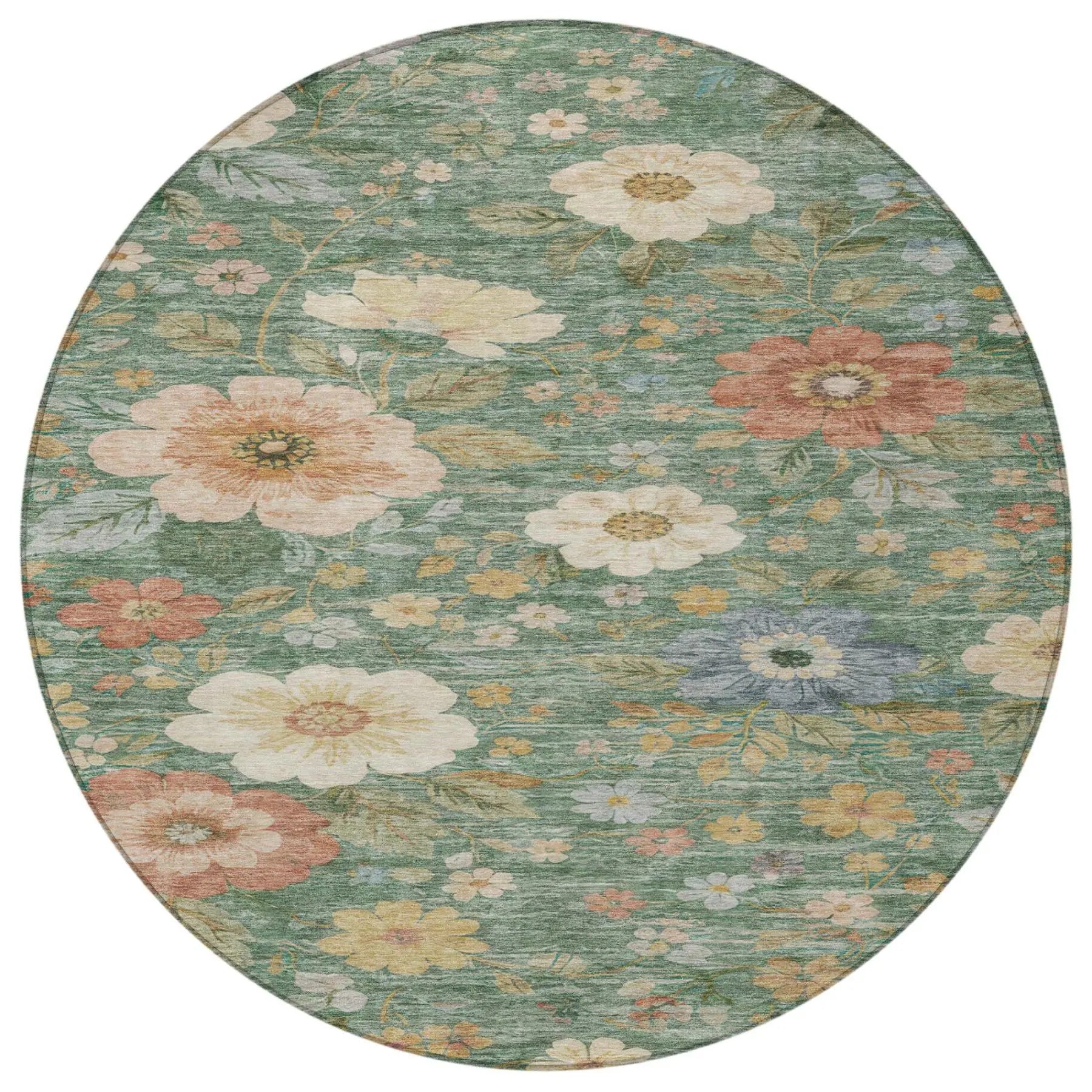 8' Green And Brown Round Floral Washable Indoor Outdoor Area Rug Homeroots Outdoor