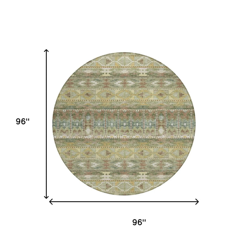8' Green And Brown Round Geometric Washable Indoor Outdoor Area Rug Homeroots Outdoor