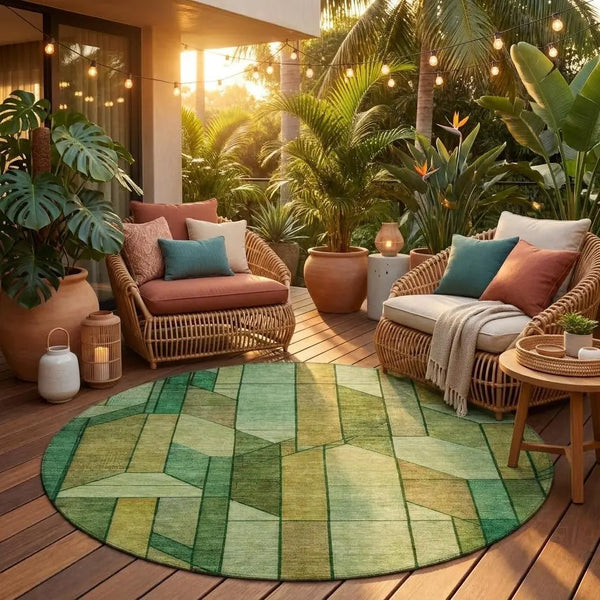 8' Green And Brown Round Geometric Washable Indoor Outdoor Area Rug Homeroots Outdoor
