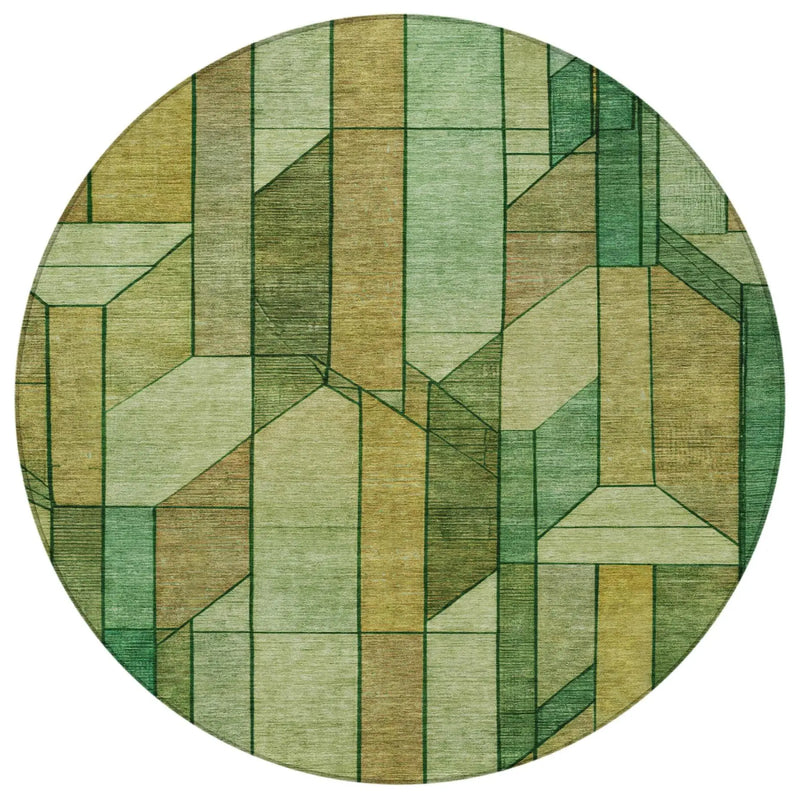8' Green And Brown Round Geometric Washable Indoor Outdoor Area Rug Homeroots Outdoor