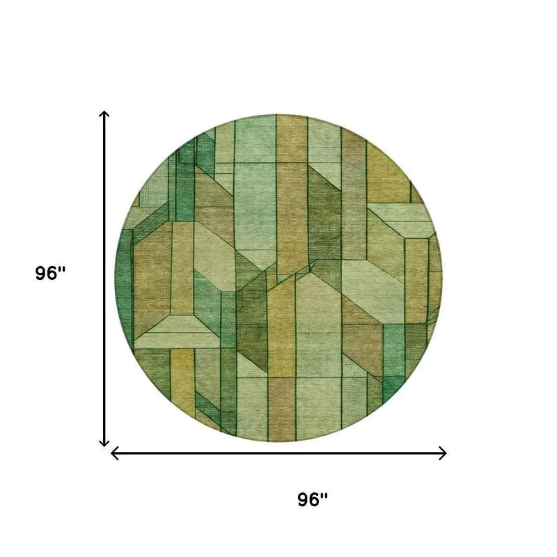 8' Green And Brown Round Geometric Washable Indoor Outdoor Area Rug Homeroots Outdoor