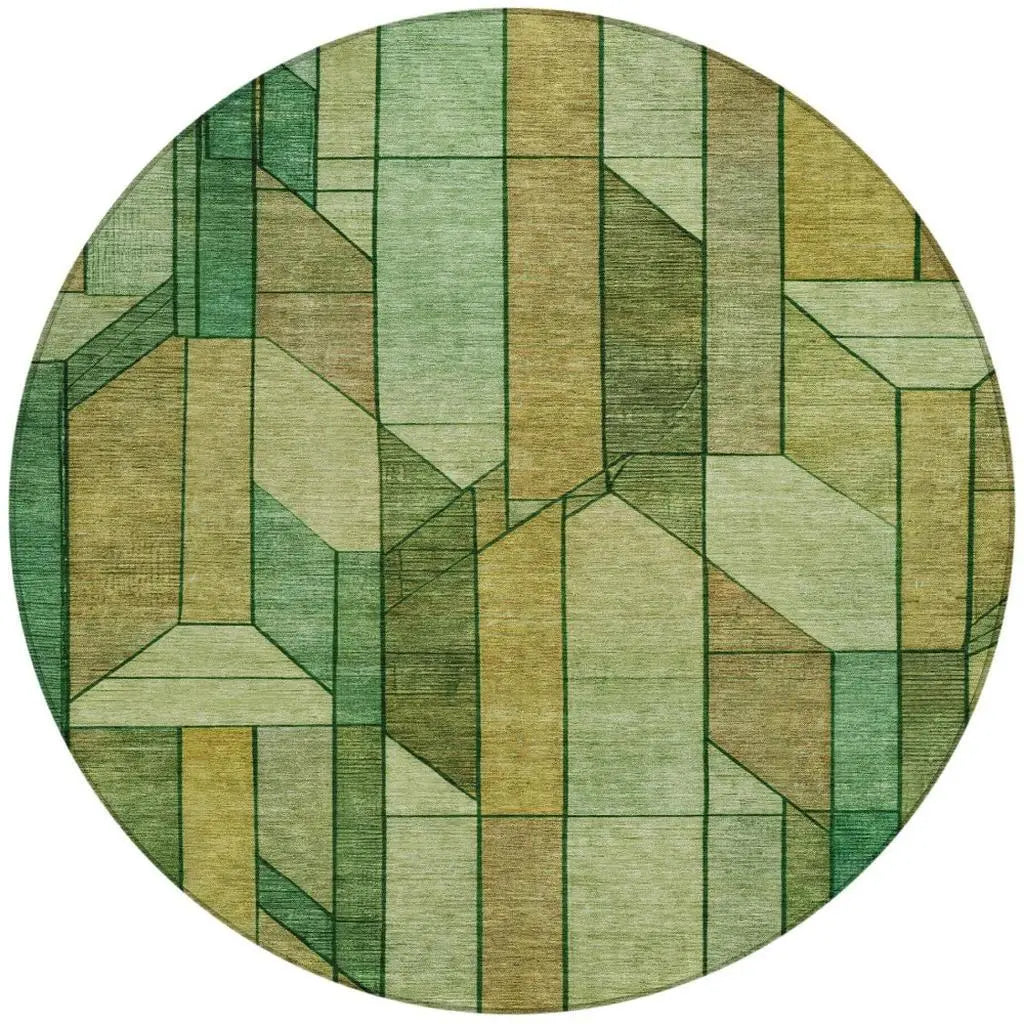 8' Green And Brown Round Geometric Washable Indoor Outdoor Area Rug Homeroots Outdoor