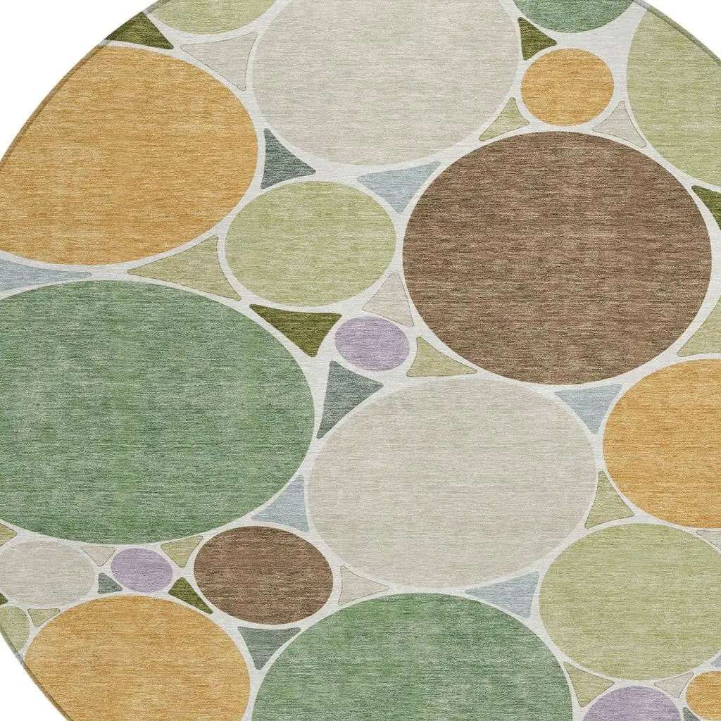 8' Green And Brown Round Geometric Washable Indoor Outdoor Area Rug Homeroots Outdoor